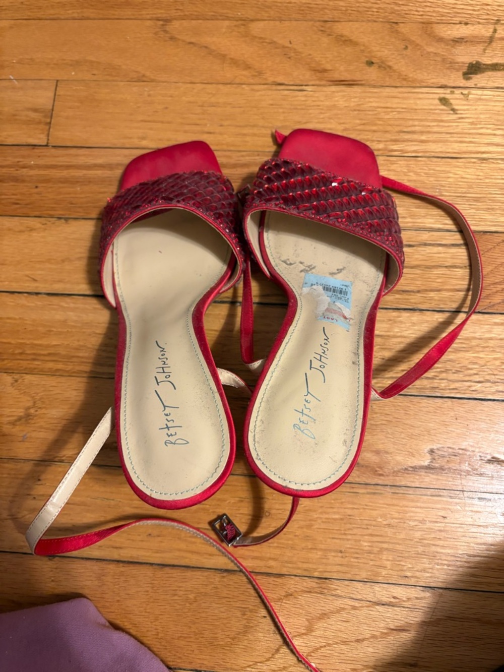 Betsey Johnson Red Embellished Ankle-Tie Mules
